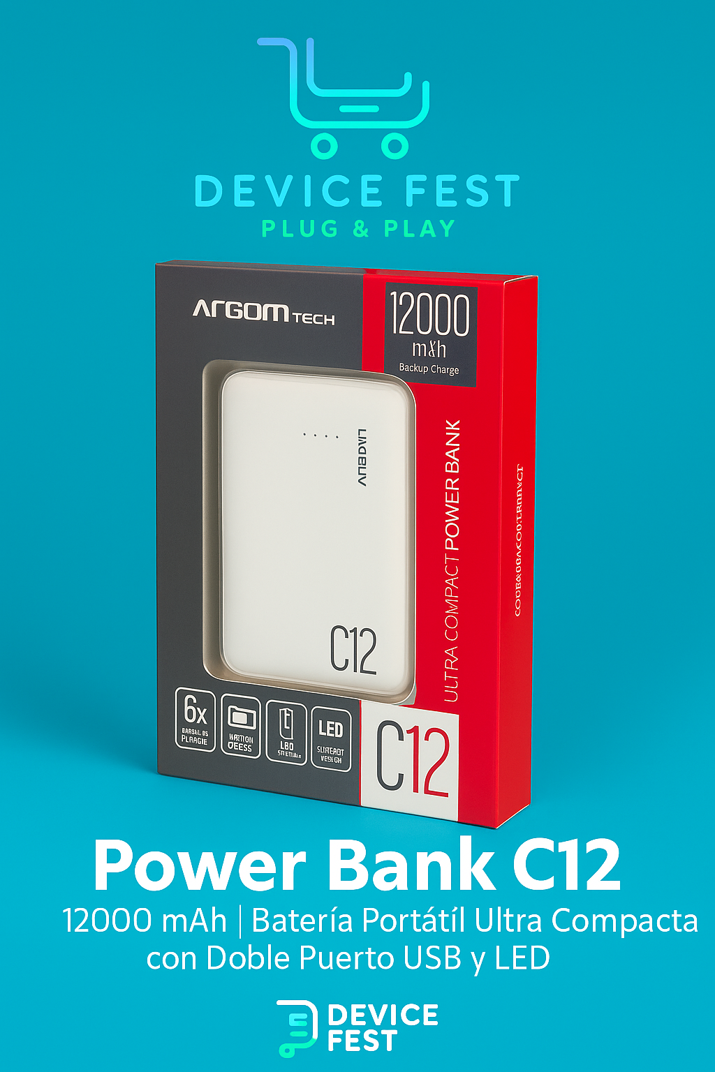 Power Bank C12 12000mAh | Batería Portátil Ultra Compacta con Doble Puerto USB y LED