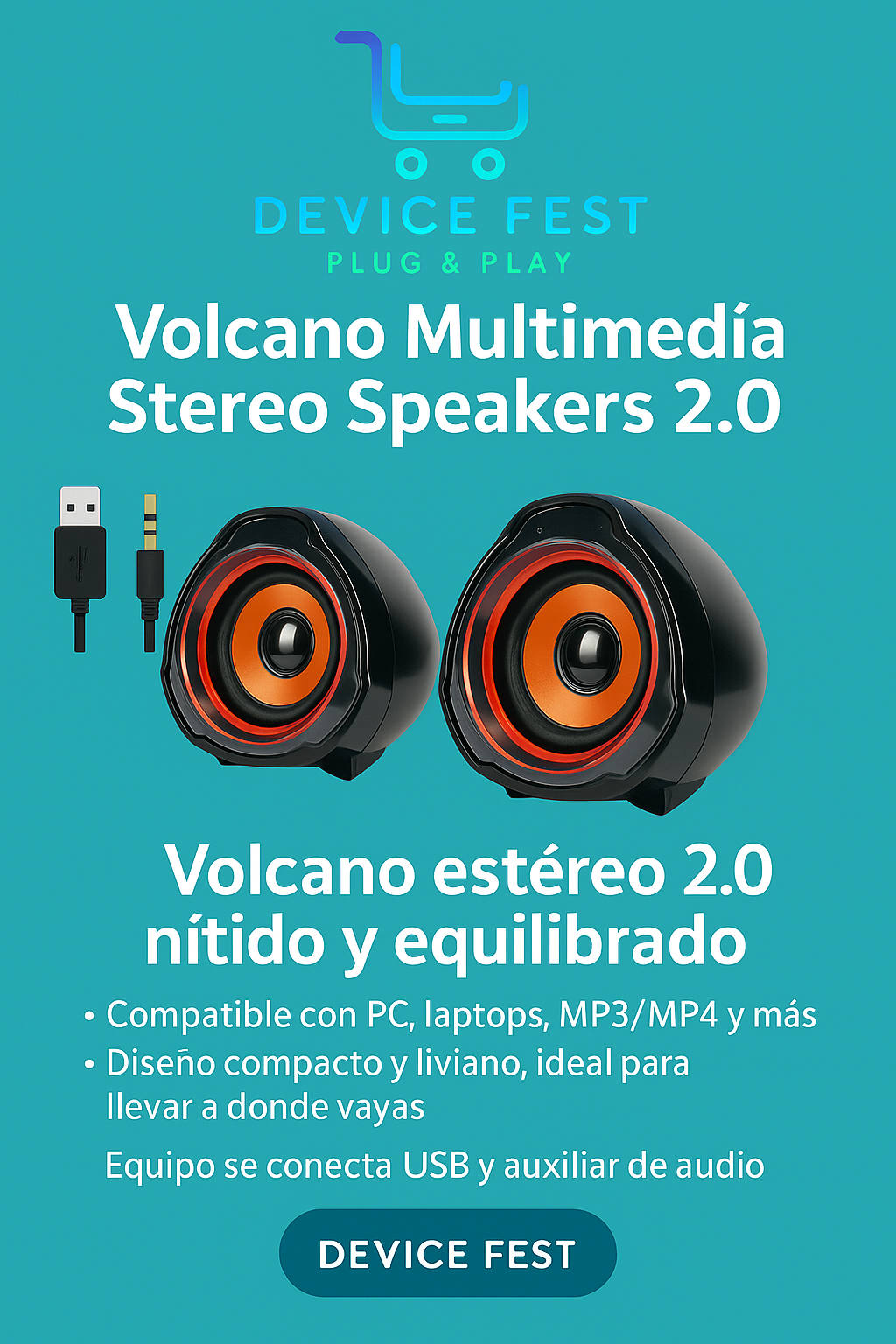 Volcano 2.0 Mini Stereo Speakers – Sonido Claro, Tamaño Compacto