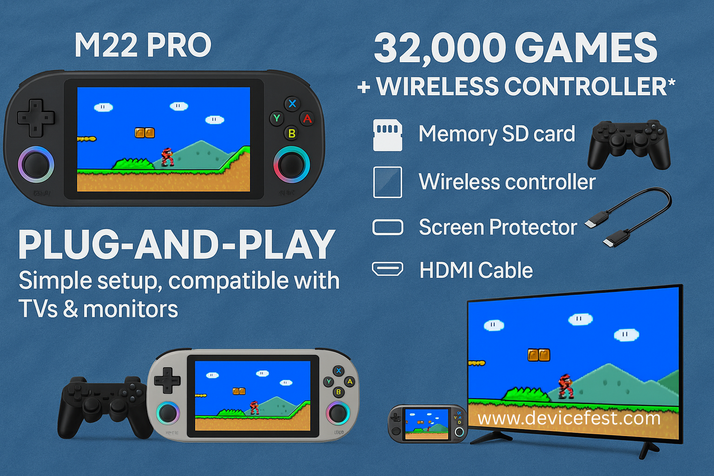 Bundle M22 PRO 128gb + 32,000 juegos + Control Wireless