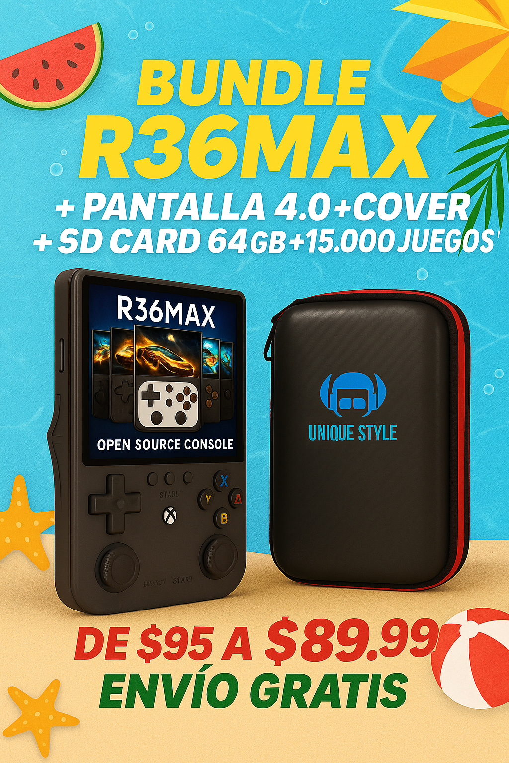 Bundle R36MAX Consola Retro Portátil con Pantalla 4.0 + Cover + Sd Card 64gb + 15,000 juegos!