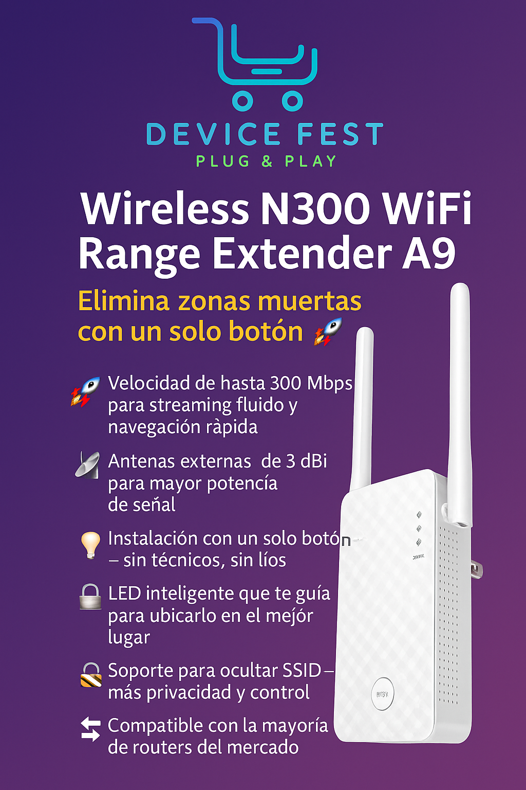 Wireless N300 WiFi Range Extender A9 – Elimina Zonas Muertas con un Solo Botón