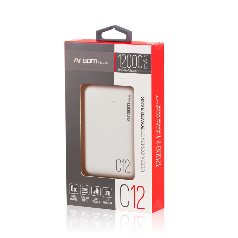 Power Bank C12 12000mAh | Batería Portátil Ultra Compacta con Doble Puerto USB y LED