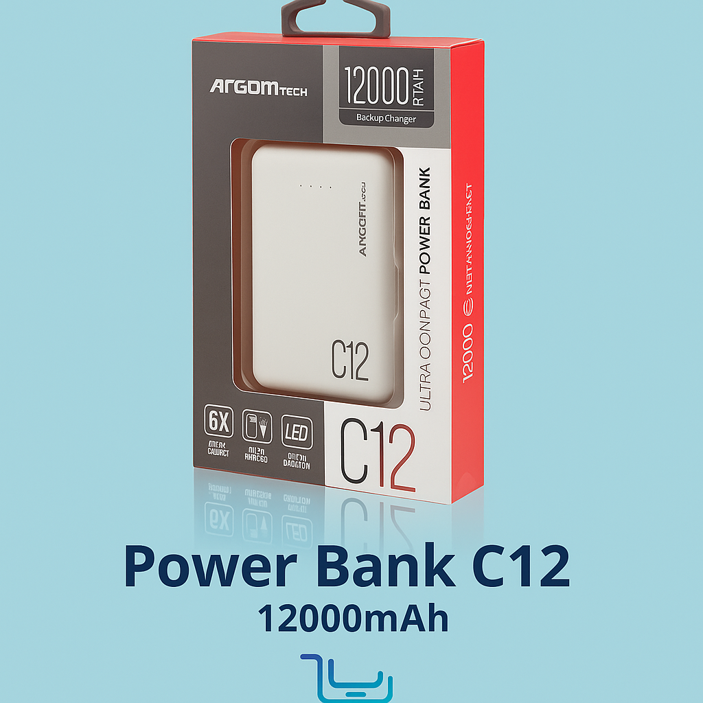 Power Bank C12 12000mAh | Batería Portátil Ultra Compacta con Doble Puerto USB y LED